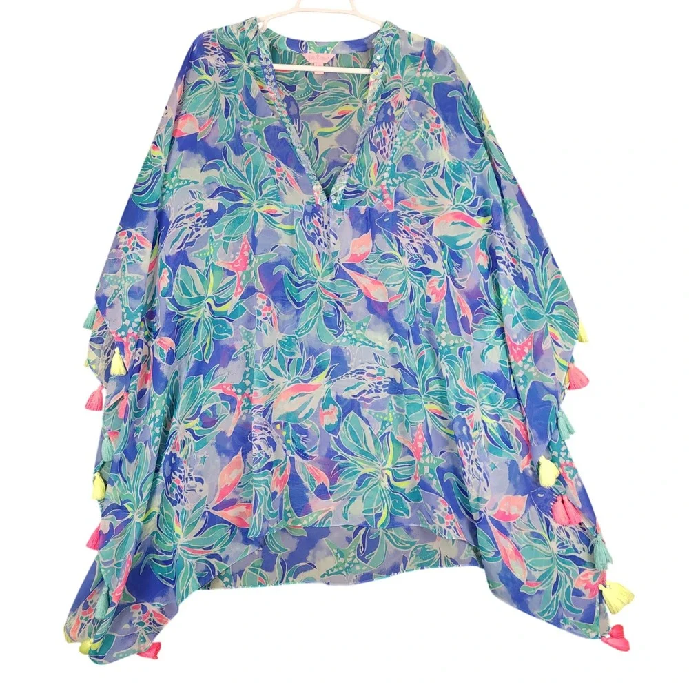 Lilly Pulitzer Tassel Kaftan Cover Up L XL Blue Floral‎ Beach Swim Maxi